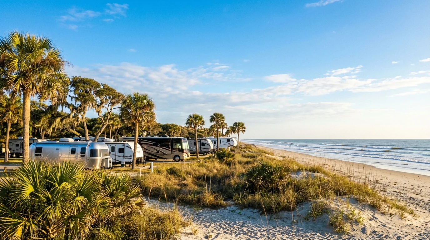 Recreational vehicles parked along a beautiful oceanfront campground in South Carolina