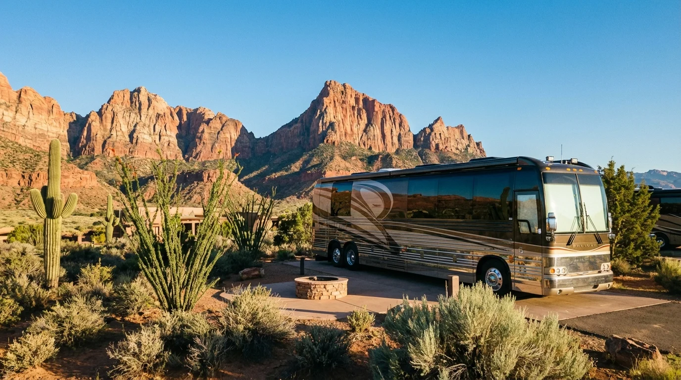 Luxury RV parked in a desert resort with dramatic red rock cliffs of Zion National Park
