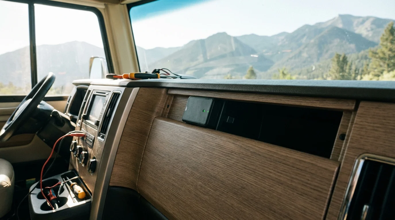 GPS tracking device being installed in a hidden compartment inside an RV dashboard