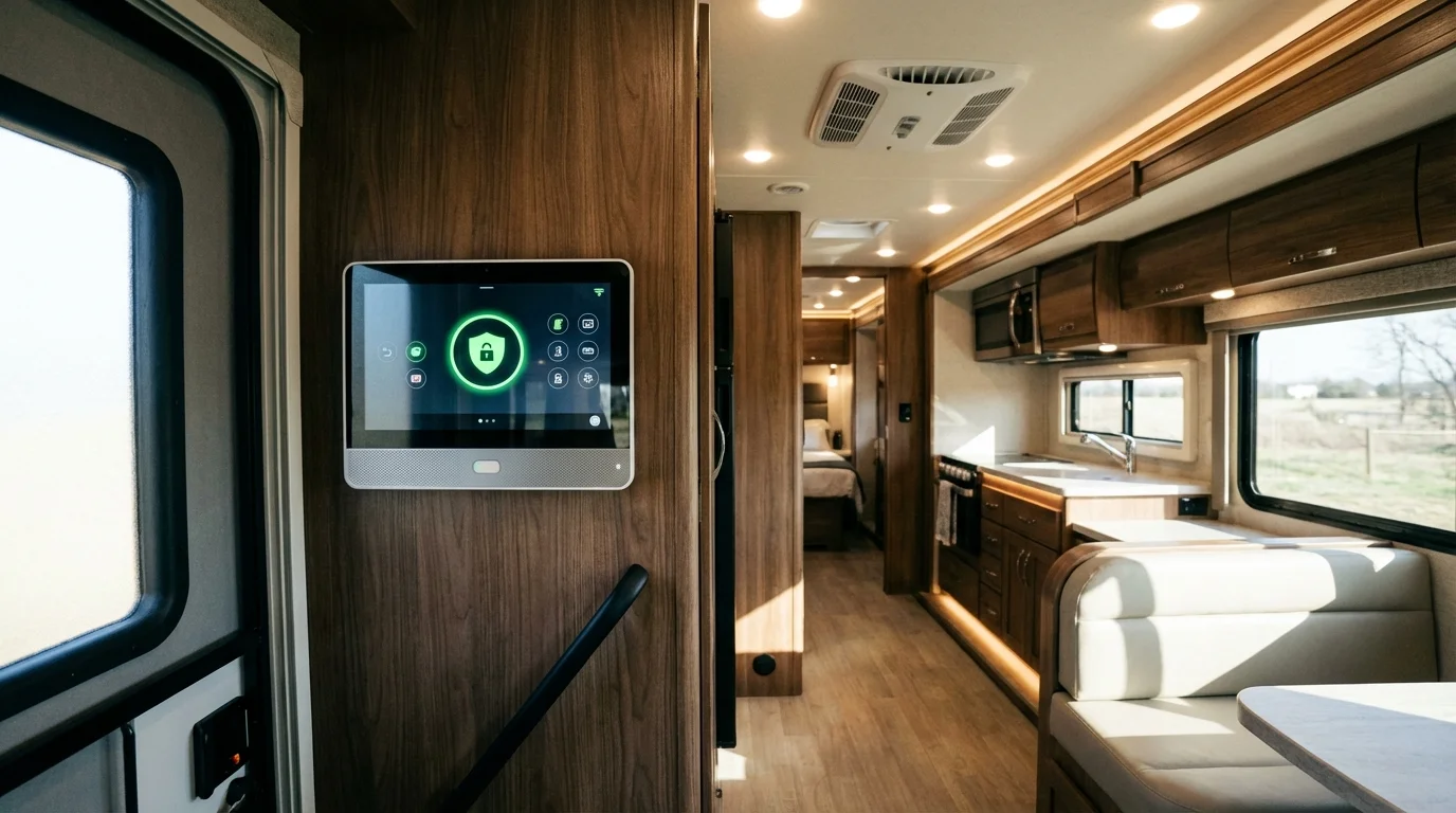 Modern alarm control panel with touchscreen mounted inside an RV near the entrance