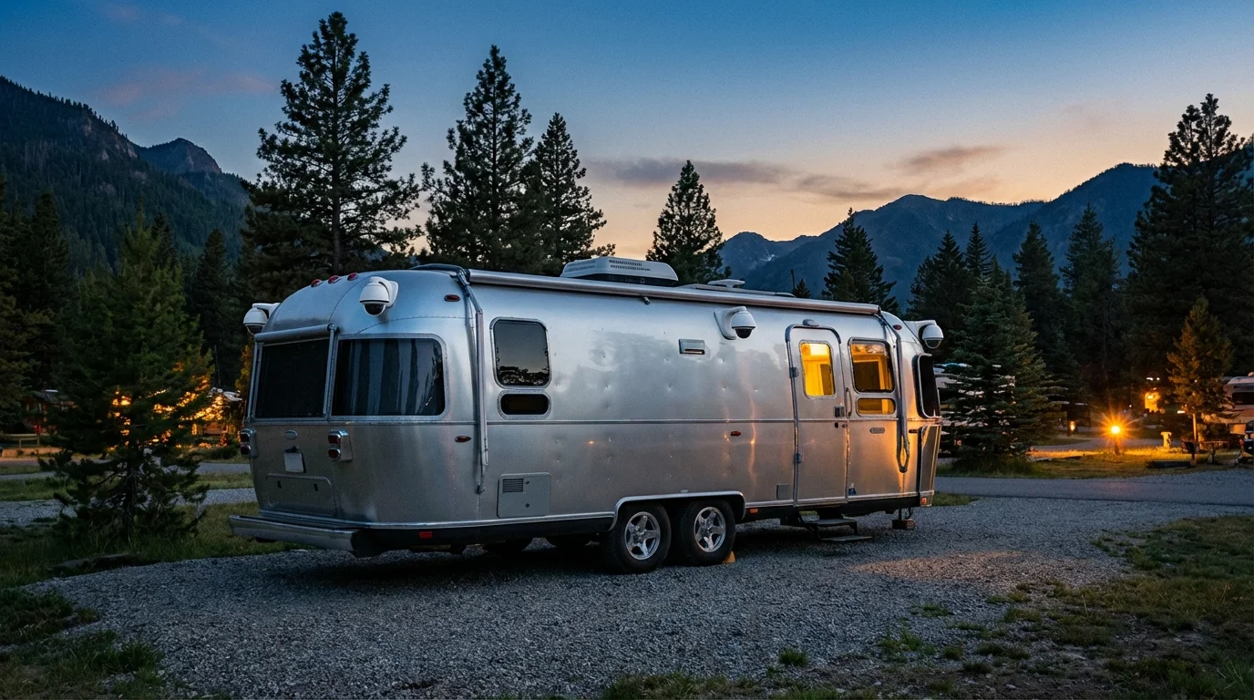 Modern security cameras mounted on the exterior of a recreational vehicle at a campground during twilight