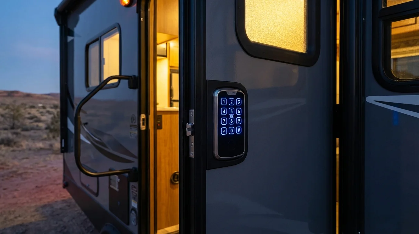 Smart lock keypad with blue LED backlight on an RV entrance door