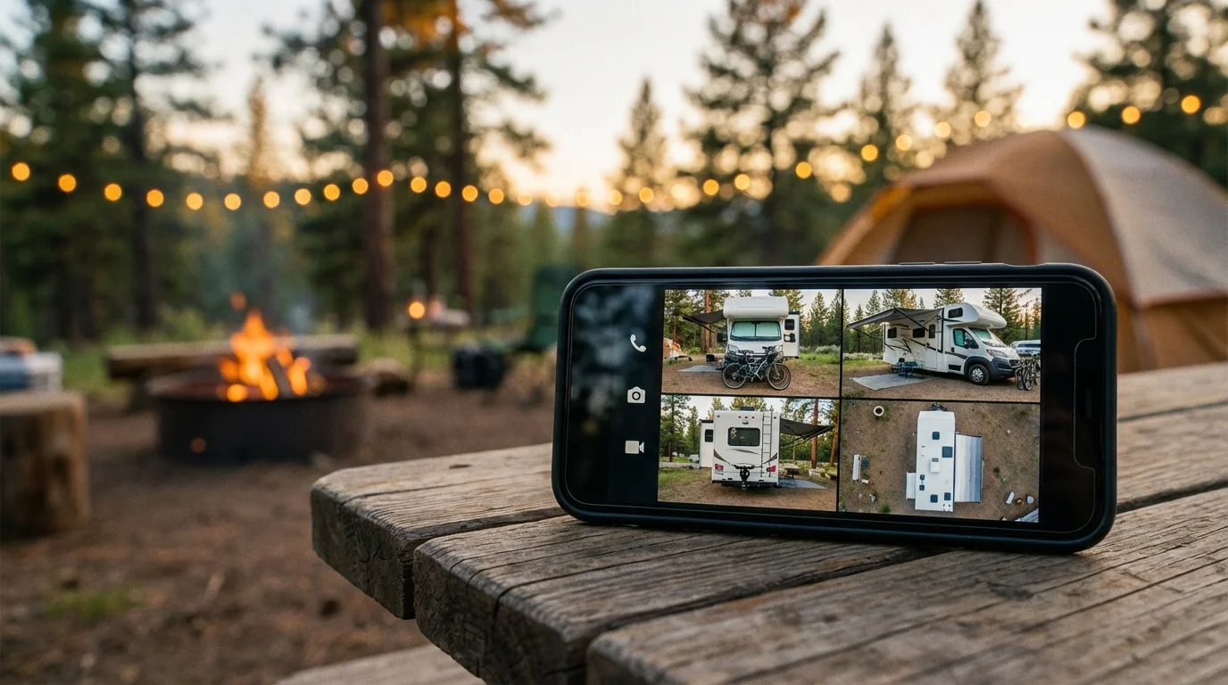 Smartphone displaying security camera app with multiple surveillance feeds of an RV exterior