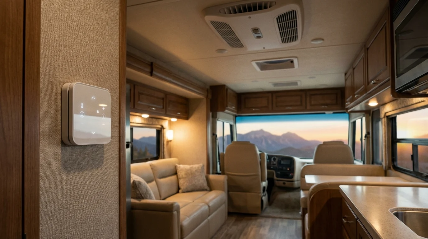 Sleek modern thermostat with LED display mounted on an RV wall with air conditioning vents visible