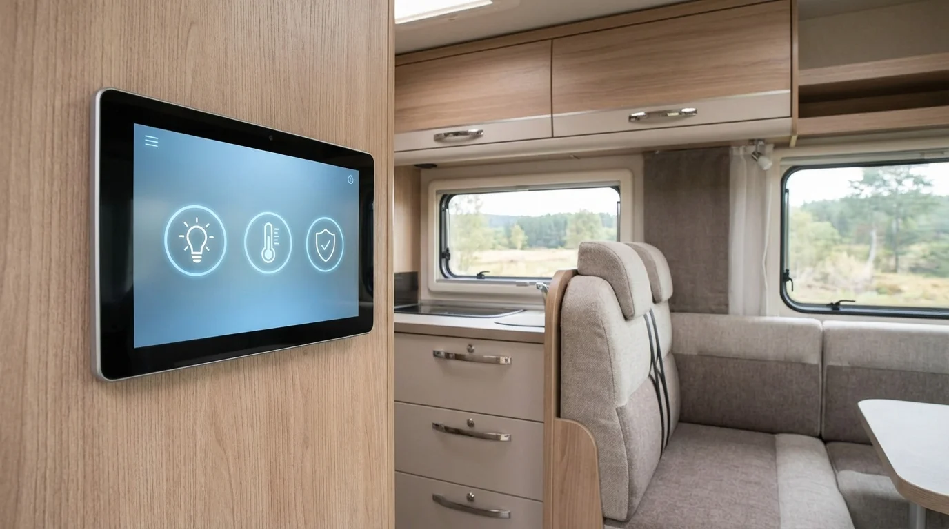 Modern touchscreen control panel on an RV wall showing a smart home dashboard