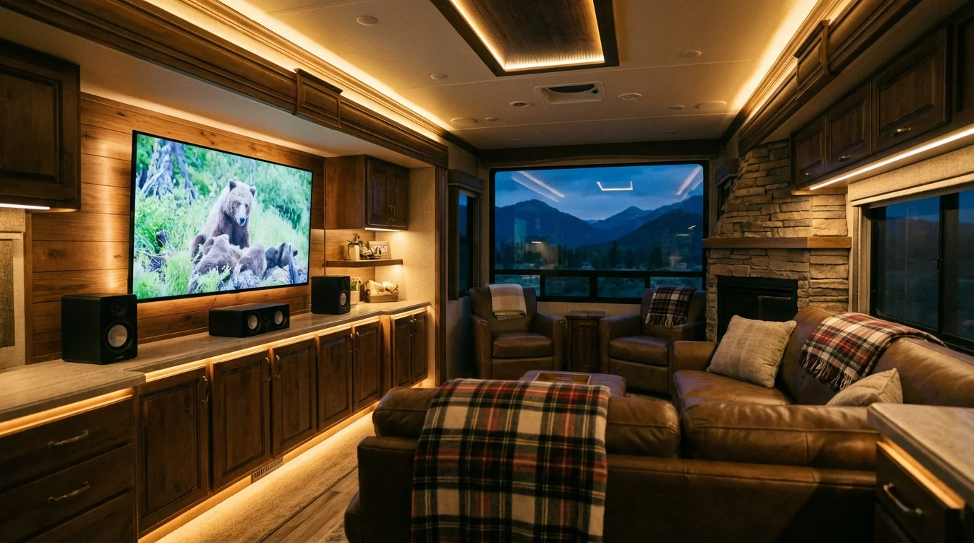 Luxury RV living area with large flat screen TV, speaker system, and ambient LED lighting