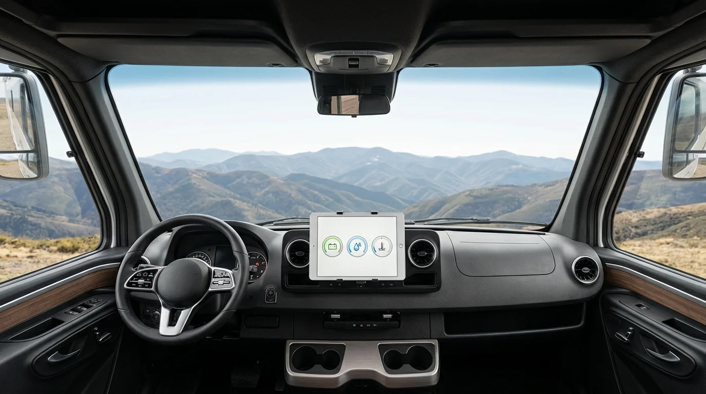 Tablet mounted on RV dashboard showing monitoring gauges for battery, water tanks, and temperature