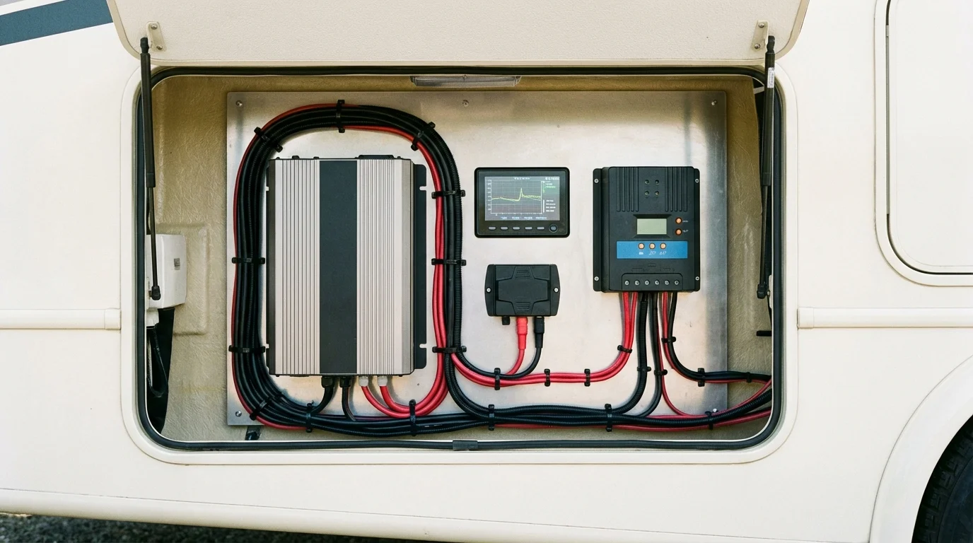 Clean RV power management panel with inverter, battery monitor, and solar charge controller