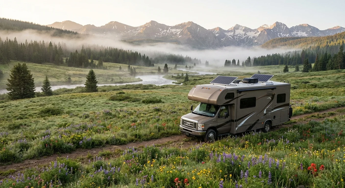 Recreational vehicle with solar panels parked alone in a stunning remote mountain meadow, completely off grid
