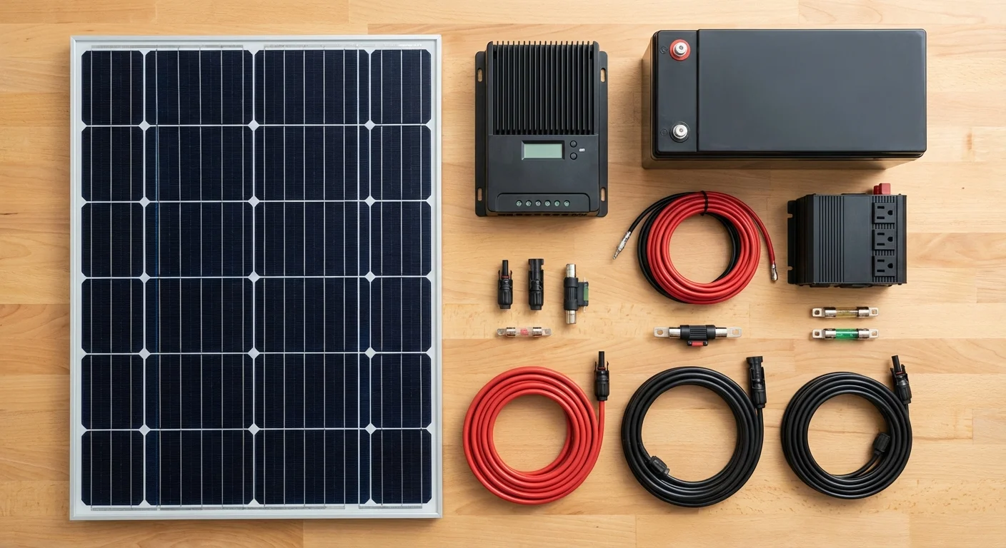 RV solar system components laid out on a workbench including solar panel, charge controller, lithium battery, and inverter
