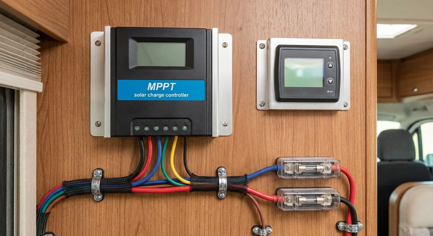 MPPT charge controller mounted on an RV wall next to a battery monitor with clean wire routing and fuse holders