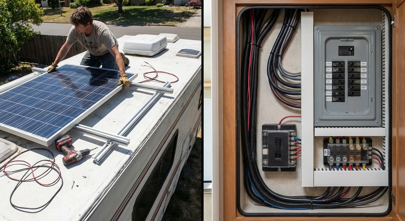 Side by side comparison of DIY solar panel installation on an RV roof versus a professionally finished electrical compartment with tidy wiring