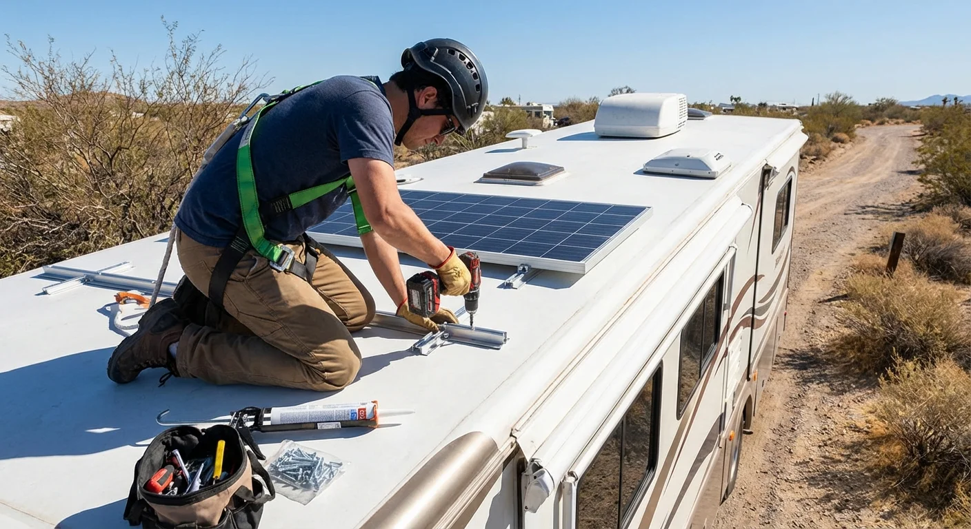 Person installing solar panels on an RV roof with proper tools and safety gear, showing mounting brackets being secured