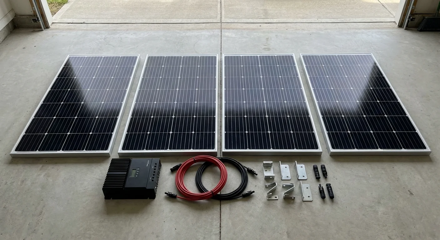 Complete RV solar panel kit unboxed showing monocrystalline panels, MPPT charge controller, connectors, mounting brackets, and cables