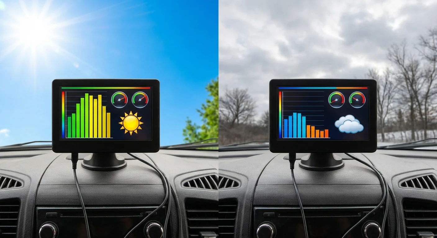 Solar panel monitoring displays comparing energy production between a sunny summer day and a cloudy winter day