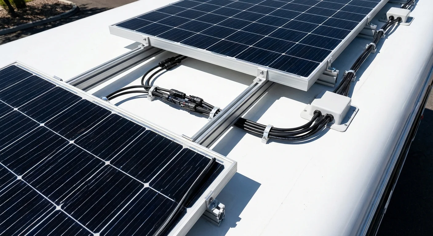 Solar panels professionally mounted on the white roof of a motorhome with clean wiring and mounting brackets