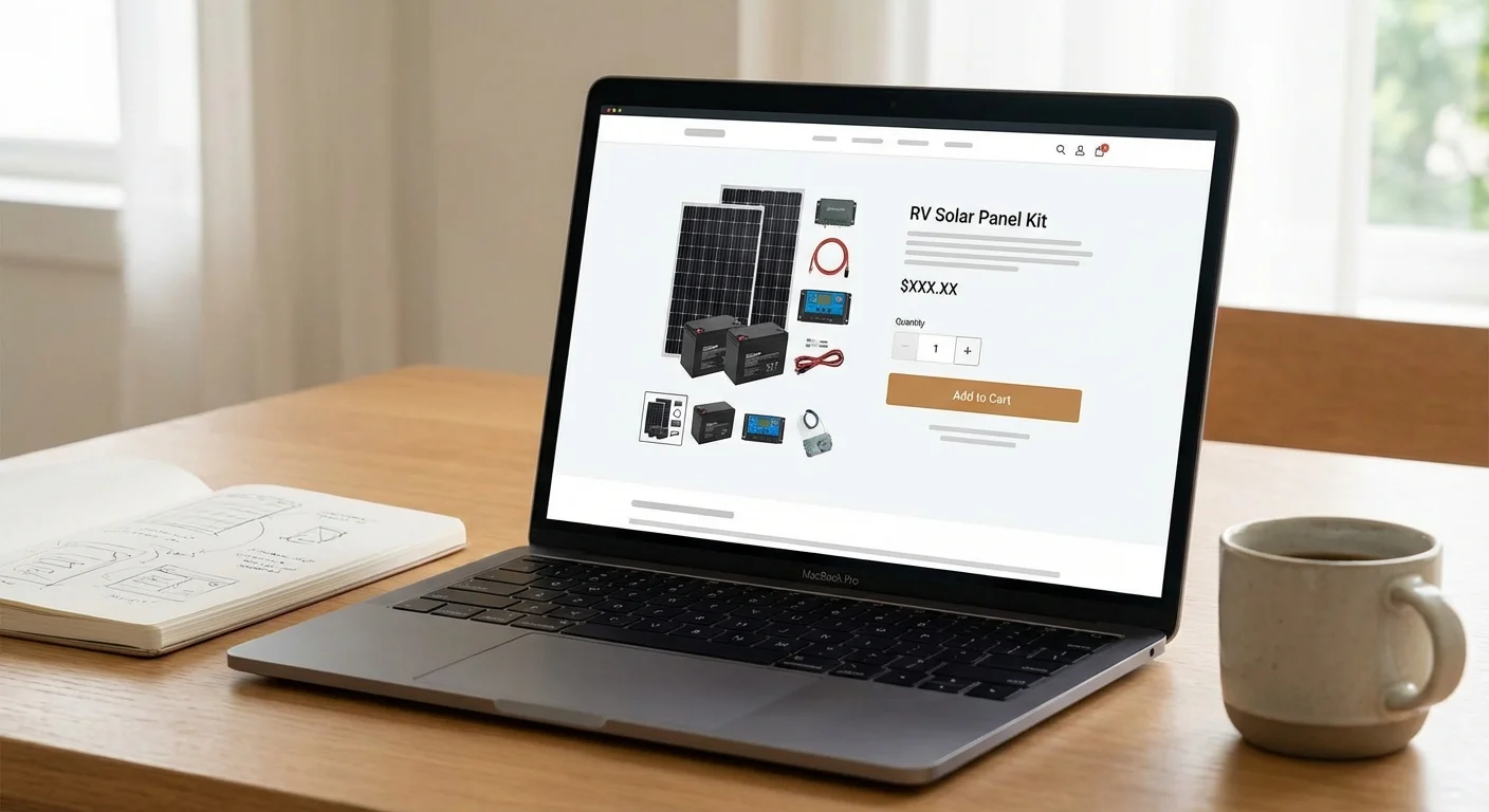 Laptop displaying an RV solar panel kit product listing on an e-commerce website with pricing and product details