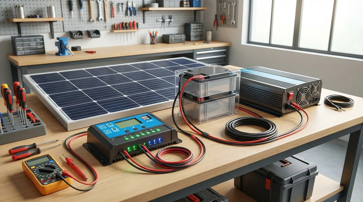 RV solar system components on a workbench: solar panel, charge controller, lithium batteries, and inverter