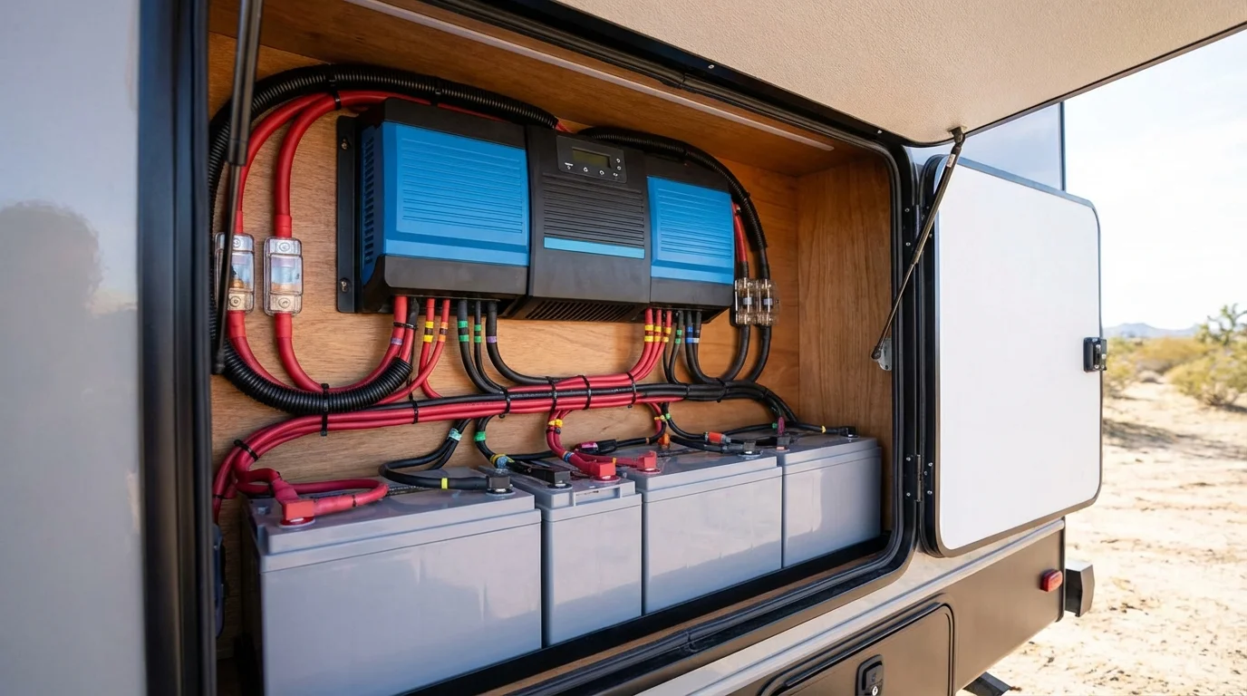 Clean RV electrical compartment with charge controller, fuse holders, and lithium battery bank