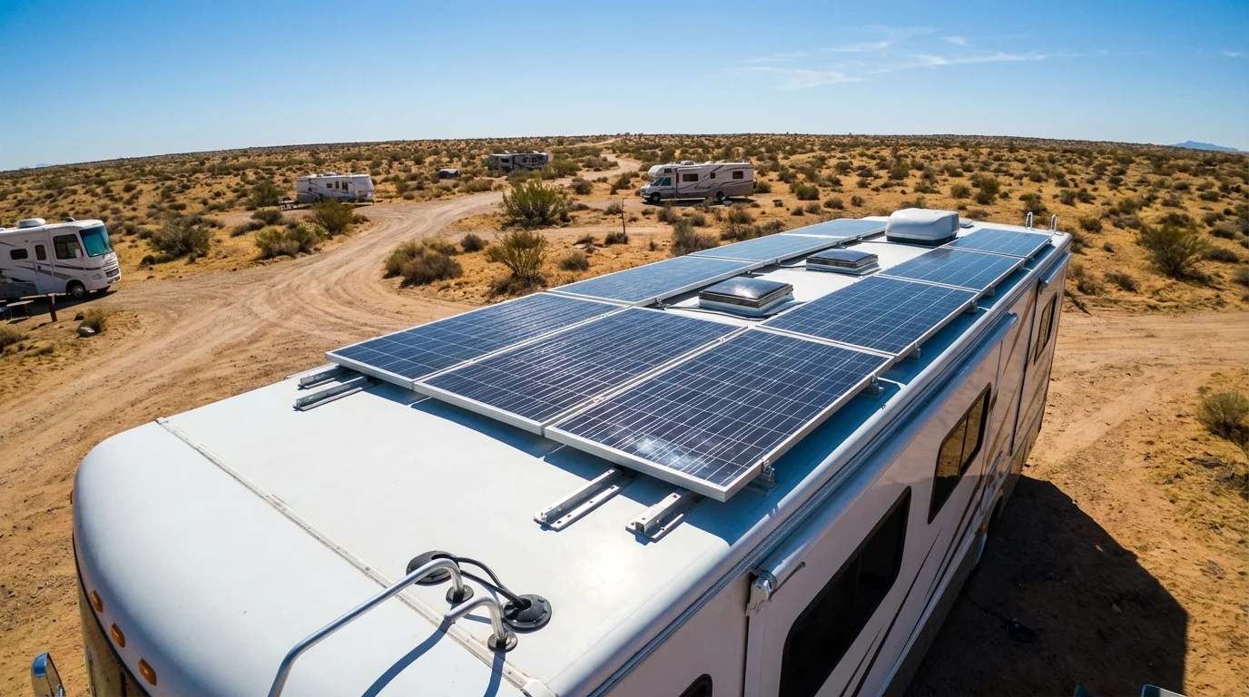 Solar panels professionally installed on the roof of a white recreational vehicle