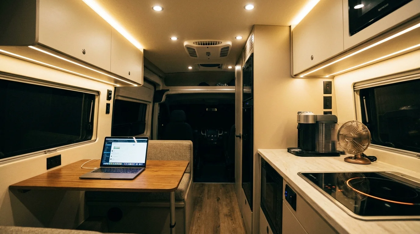 Interior of a modern RV showing LED lights, laptop, coffee maker, and fan running on solar power