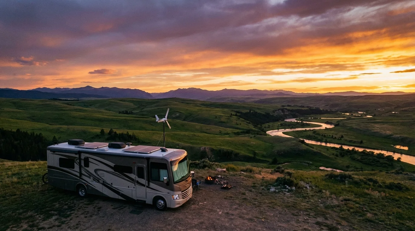 Scenic RV campsite at sunset with solar panels and rolling green hills