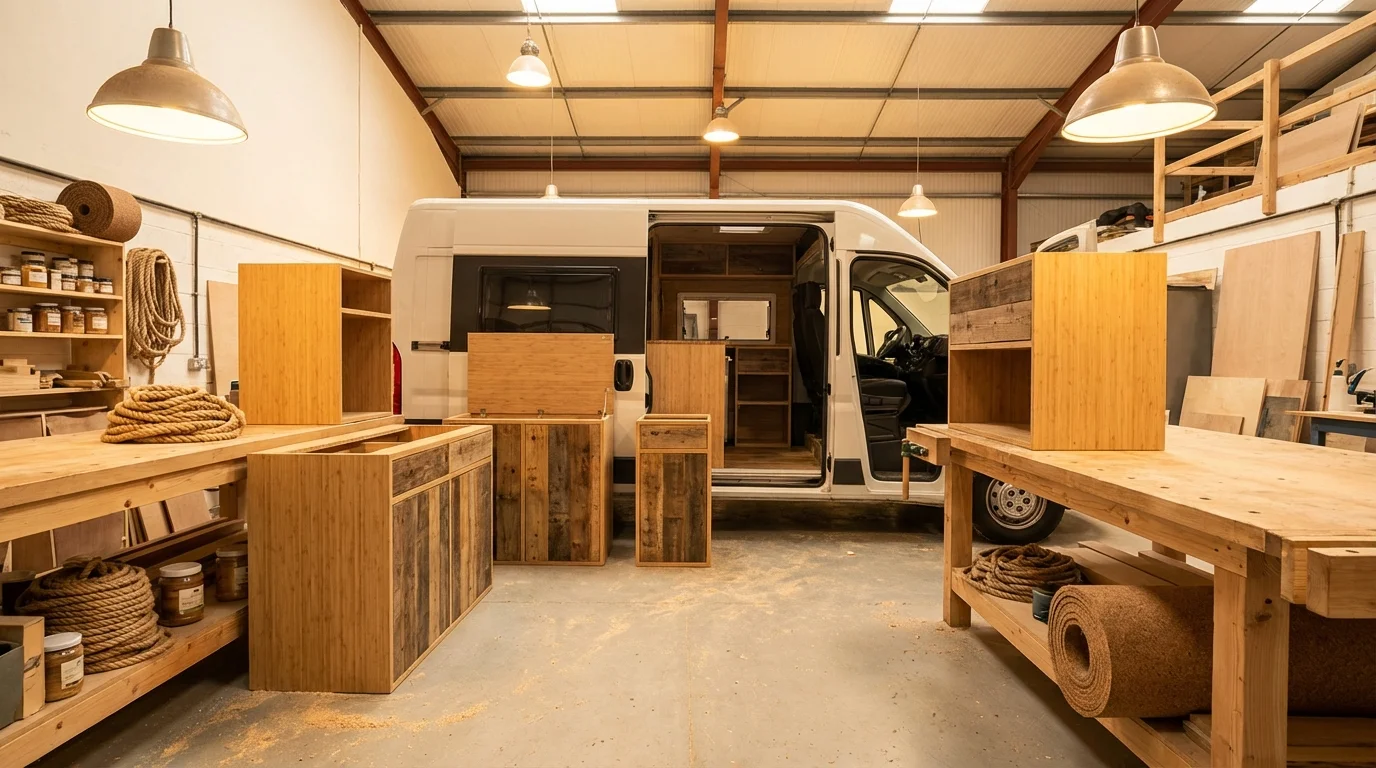 Modular bamboo and recycled timber cabinet components in an RV workshop