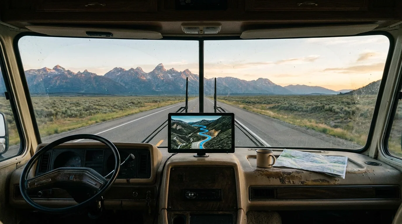 RV dashboard with GPS navigation screen showing scenic mountain route
