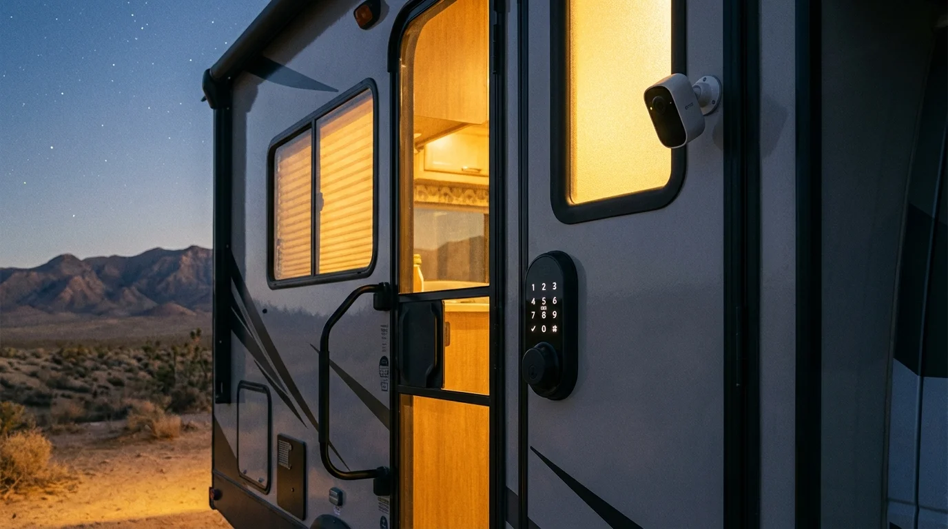 RV door with smart lock keypad and weatherproof security camera