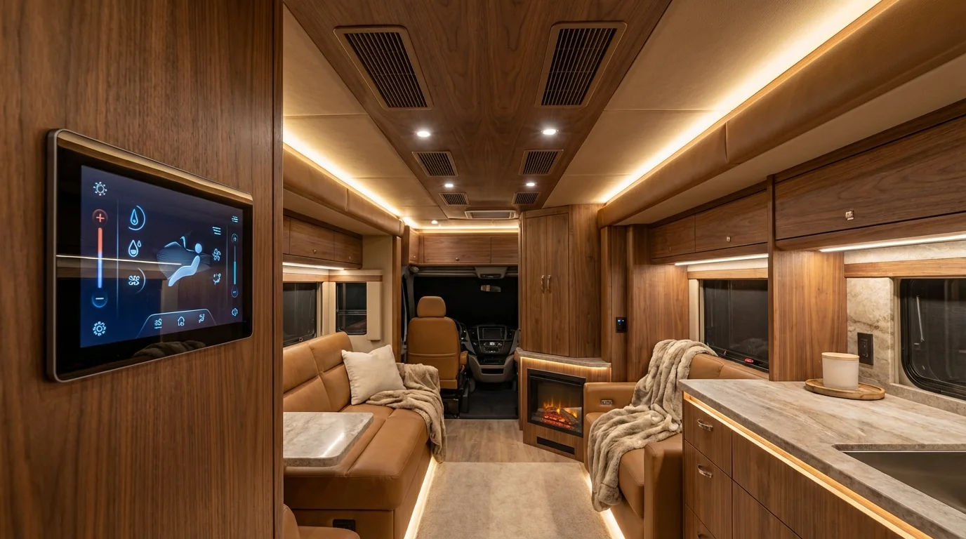 Smart thermostat mounted on RV wall showing zone temperature controls