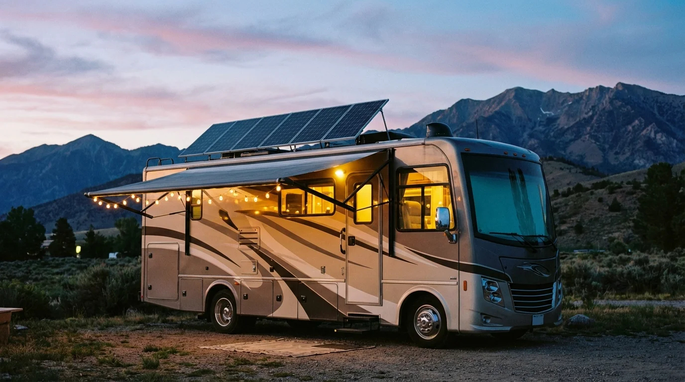 Modern motorhome at scenic campsite at dusk with solar panels and warm interior glow