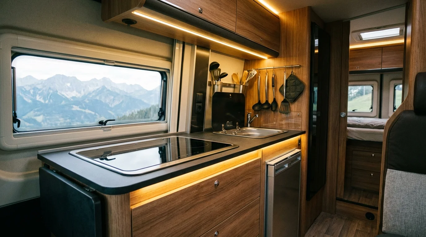 Compact modern RV kitchen with induction cooktop and organized countertop