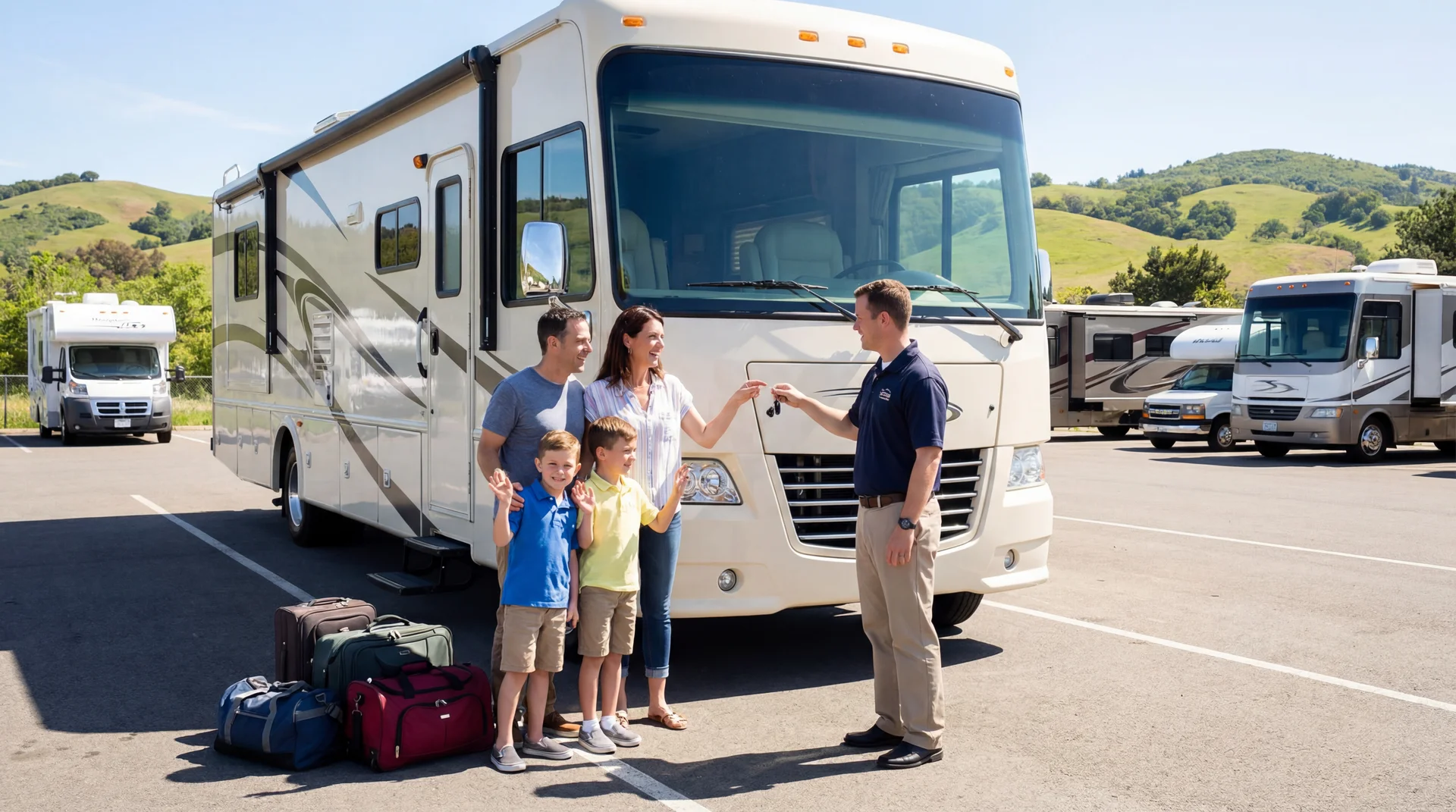 Family picking up rental motorhome at scenic RV rental location