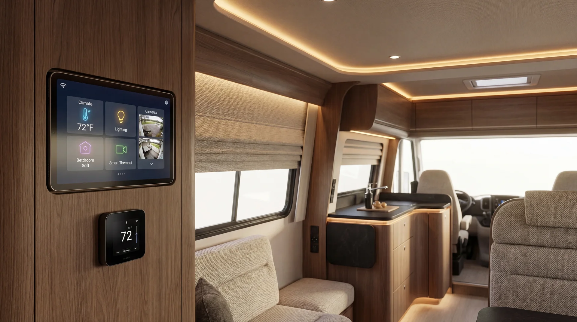 Smart home automation hub in modern RV interior with touchscreen climate and lighting controls