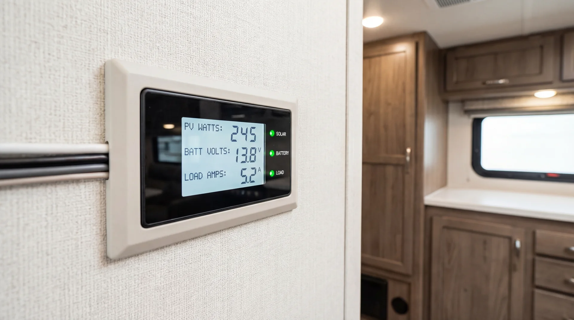 RV solar charge controller and monitoring display showing real-time power generation data