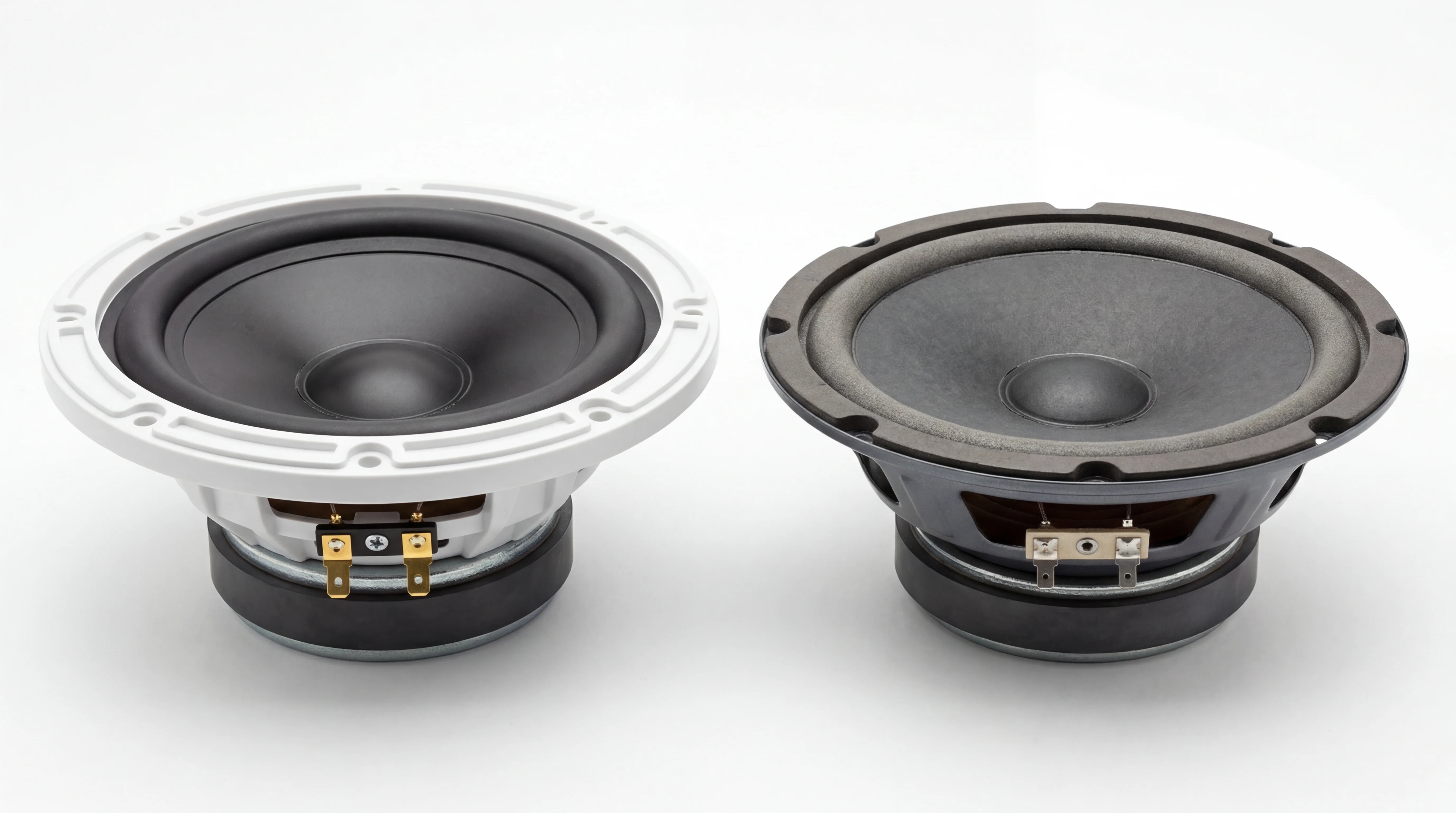 Marine-grade RV speaker with rubber surround compared to standard automotive speaker with foam surround