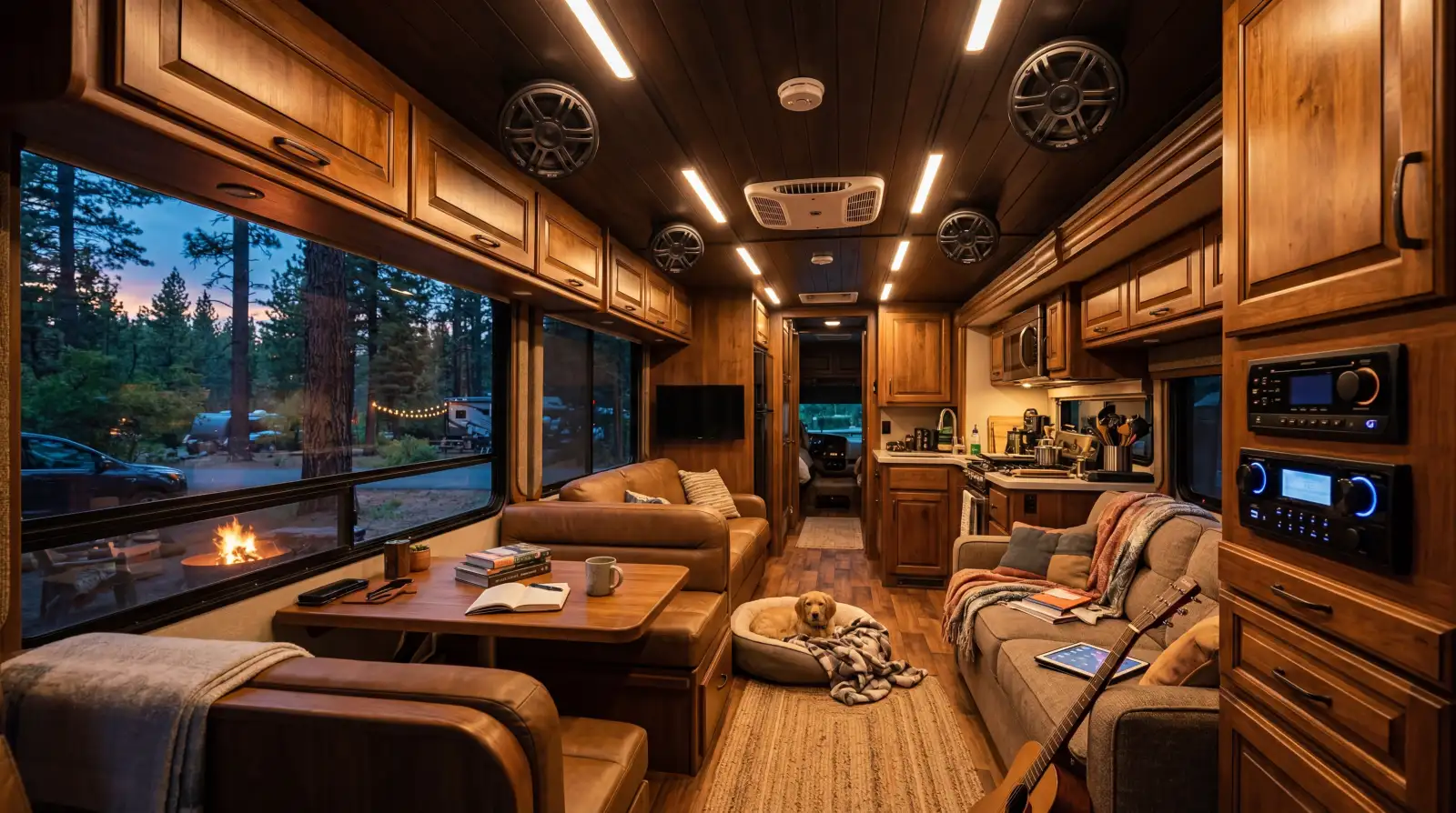 RV interior audio setup with ceiling-mounted marine speakers and warm ambient lighting at a campsite