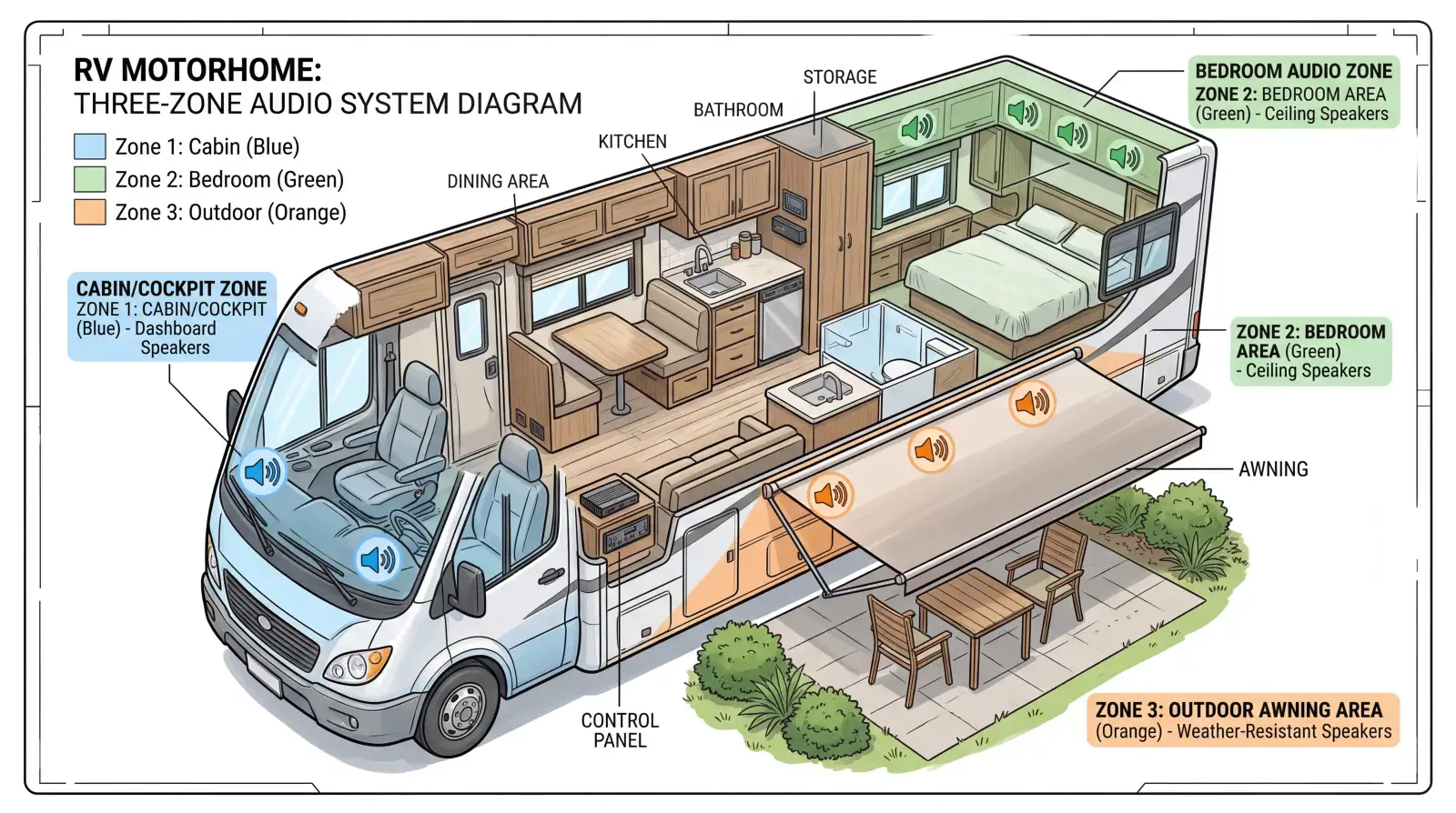 RV audio zone layout diagram showing cabin, bedroom, and outdoor awning speaker placement