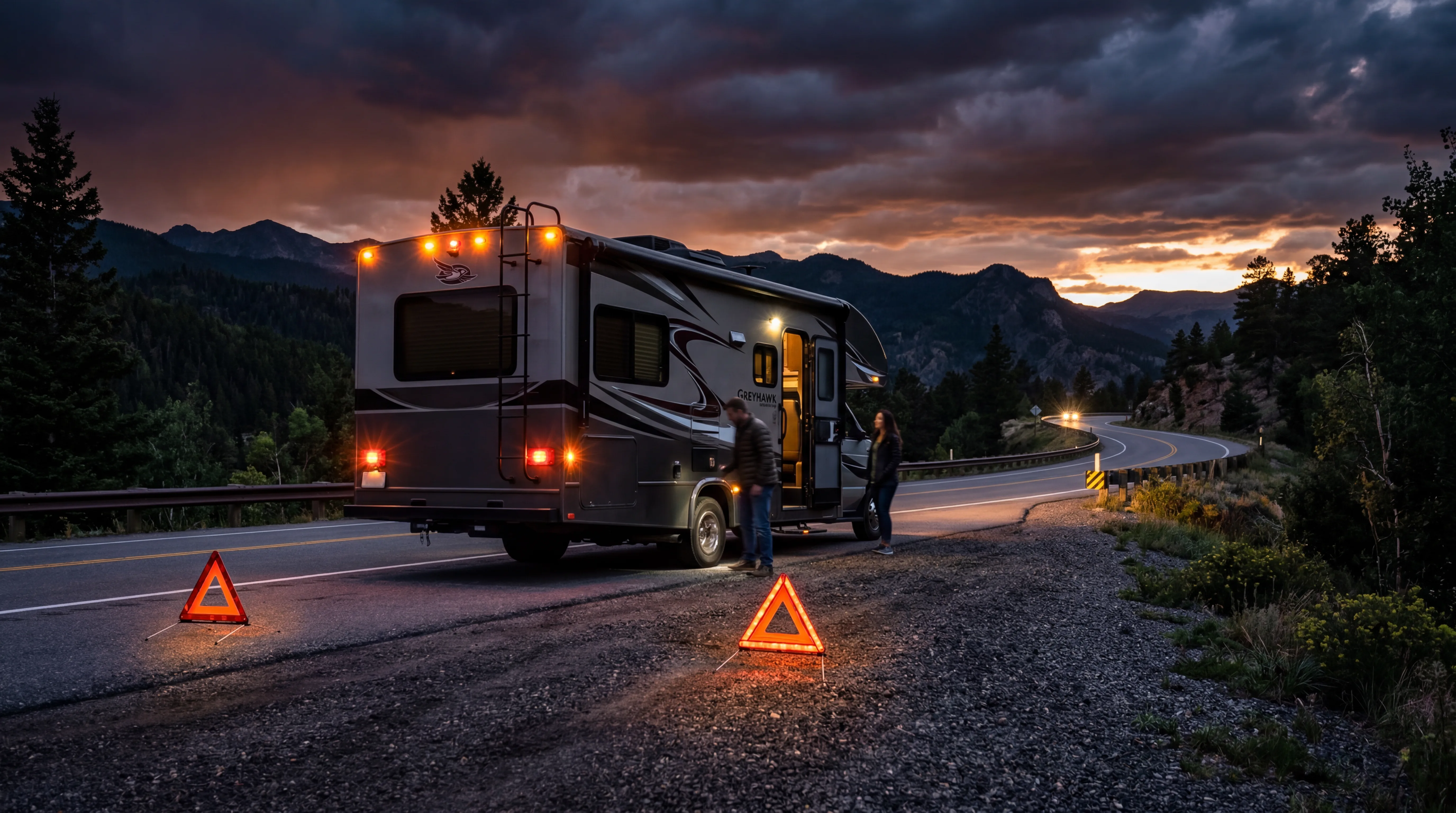 RV parked on roadside at dusk with emergency reflective triangles deployed and hazard lights on