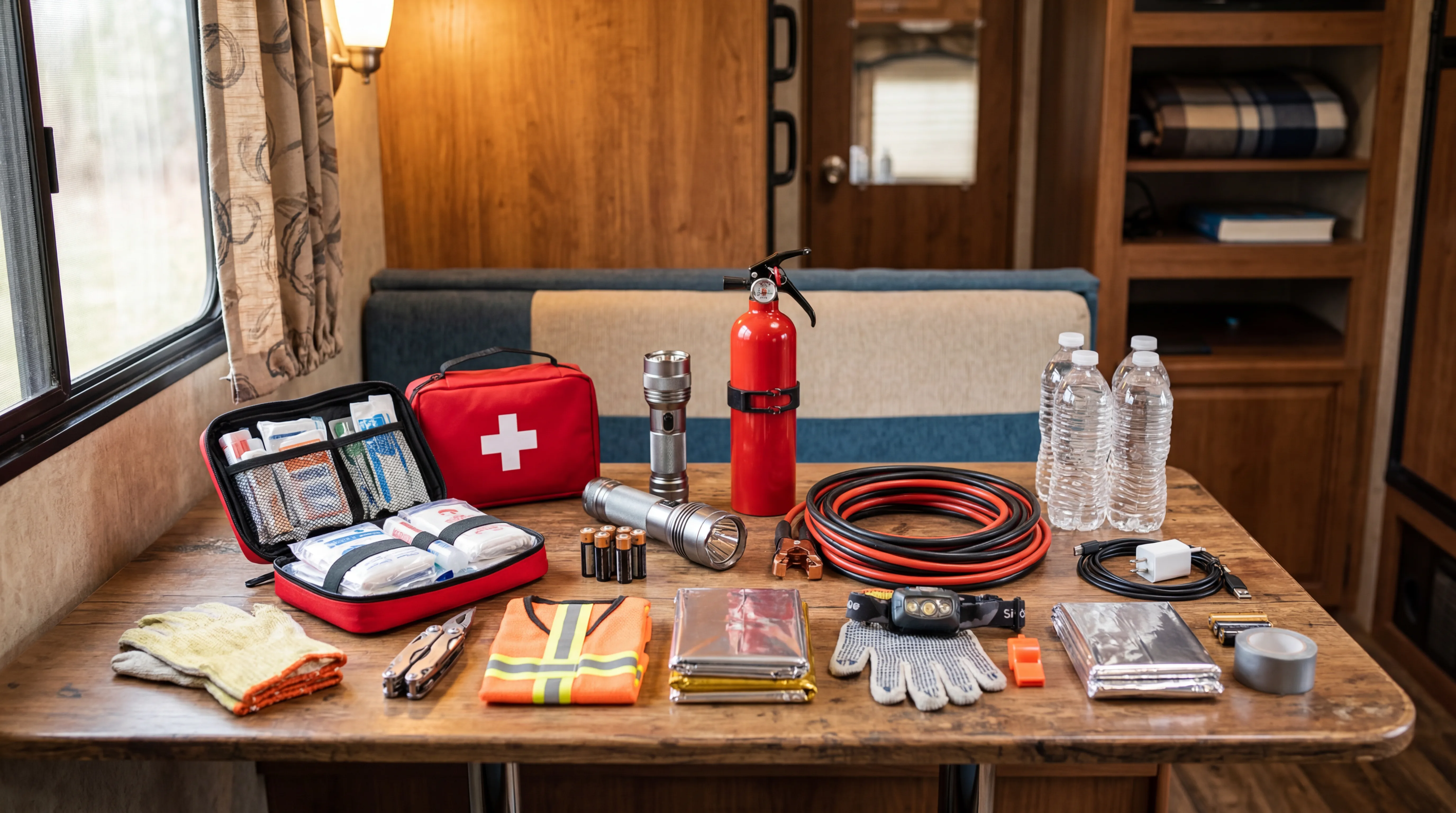 Emergency supplies and first aid kit laid out on RV table including jumper cables, flashlight, fire extinguisher, water bottles, and phone charger
