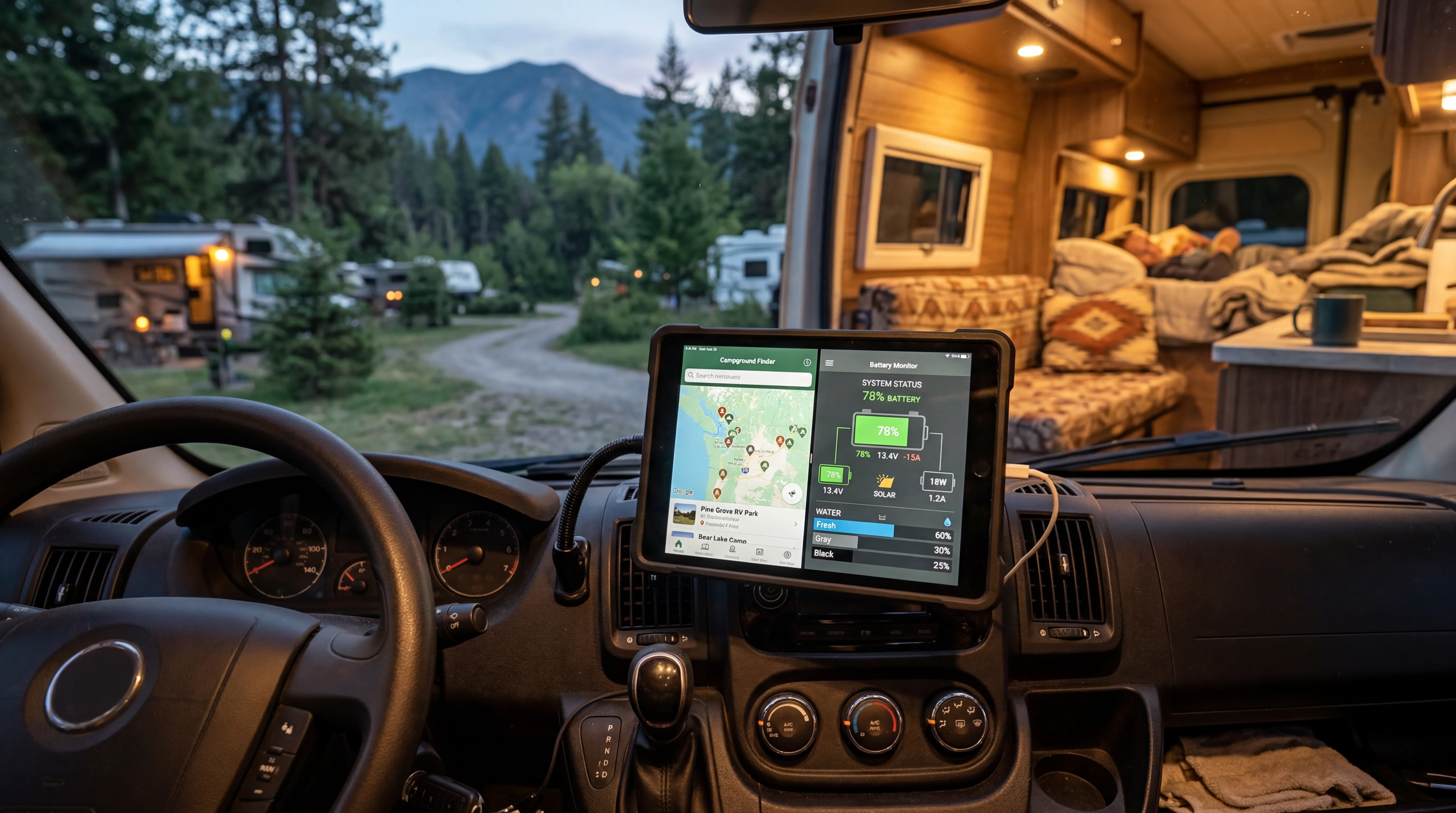 RV dashboard showing tablet mounted with multiple RV app screens for navigation and campground finding