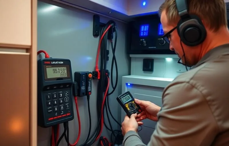 RV owner performing battery maintenance check with digital multimeter and battery management system display