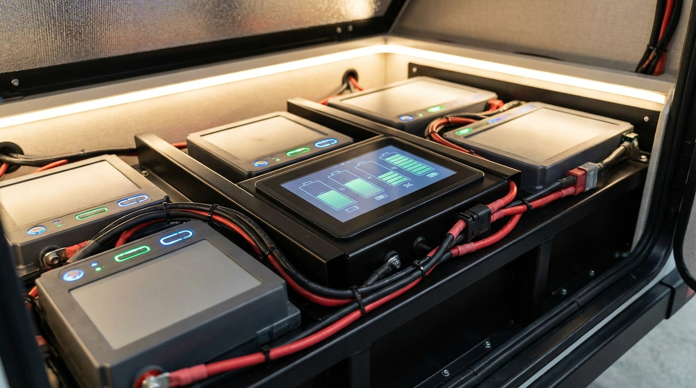 RV lithium battery bank with digital monitoring display showing charge levels and LED indicators