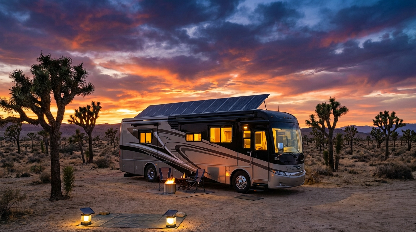 Modern RV with solar panels parked in desert landscape at sunset with warm interior lights glowing