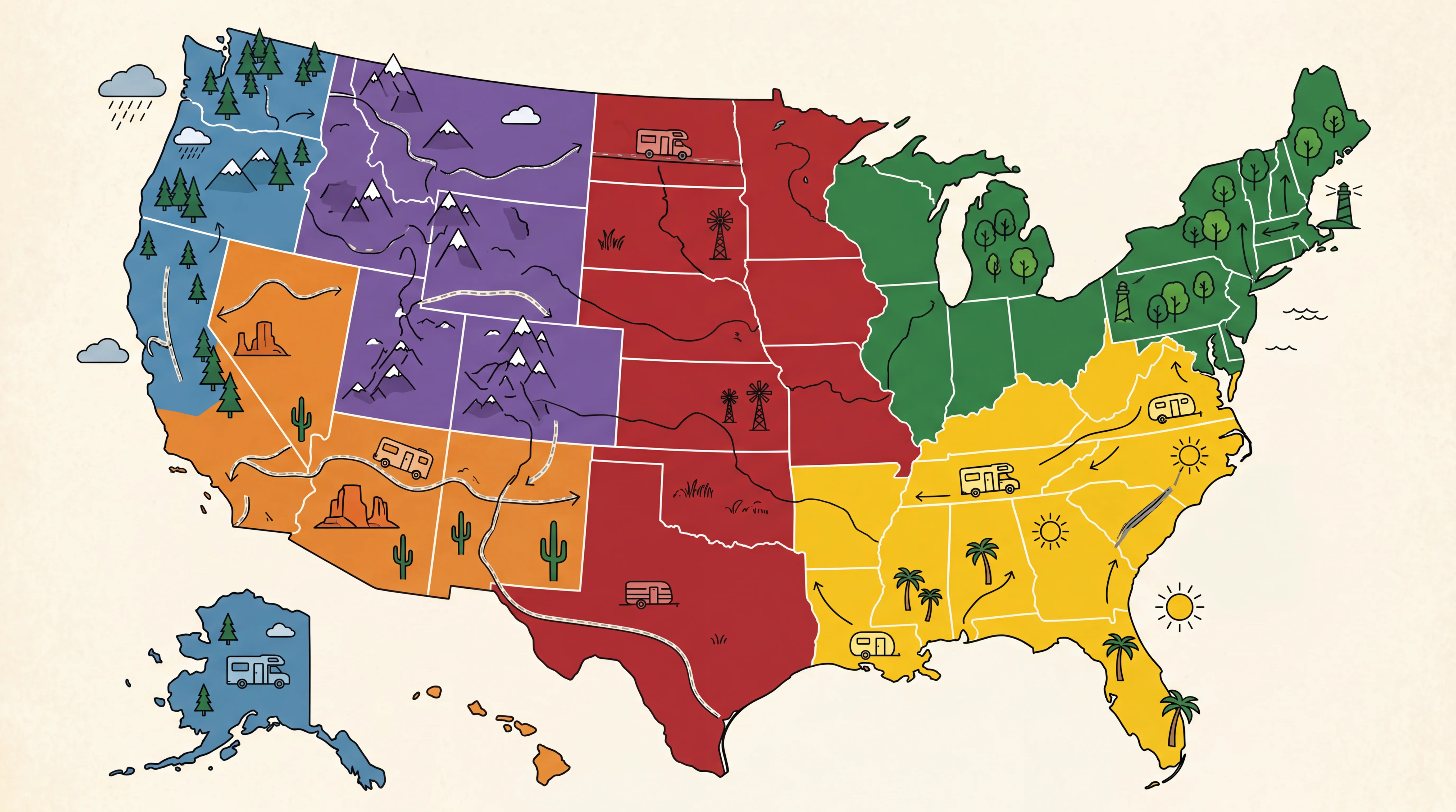 US regional climate zones map for RV travelers showing different weather patterns across the country