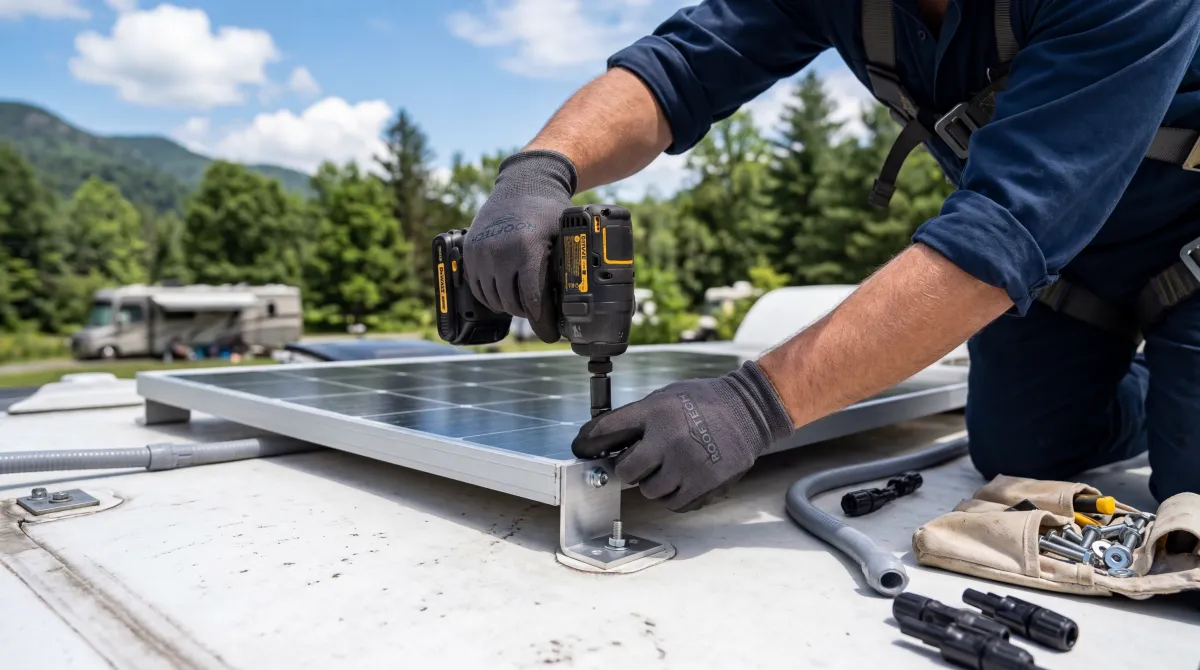 Professional technician installing solar panels on an RV motorhome roof