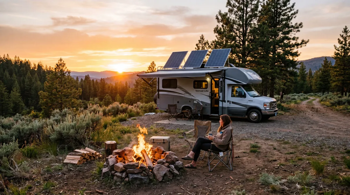 RV campsite at sunset with solar panels visible on roof, off grid living
