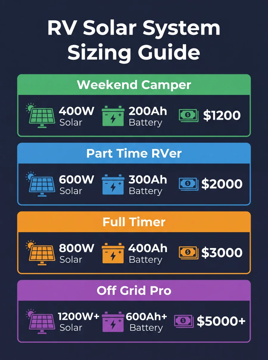 RV Solar System Sizing Guide infographic showing four tiers: Weekend Camper (400W, 200Ah, $1200), Part Time RVer (600W, 300Ah, $2000), Full Timer (800W, 400Ah, $3000), and Off Grid Pro (1200W+, 600Ah+, $5000+)
