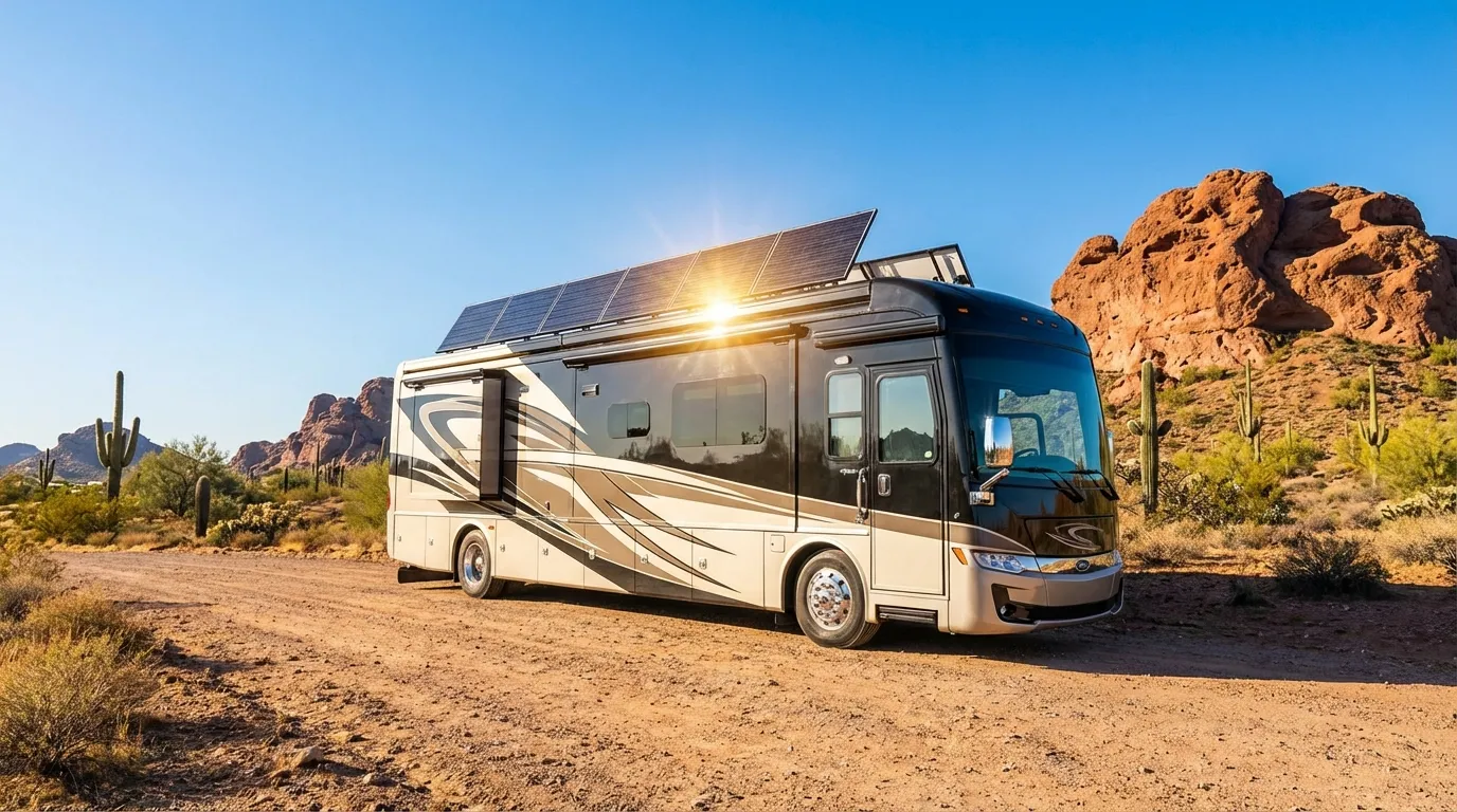 Modern RV with solar panels installed on roof in desert landscape