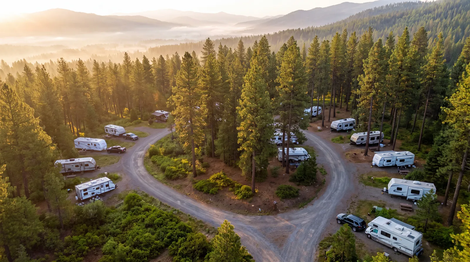 Aerial view at sunrise of a forest campground loop with a dozen RVs spaced among tall pines and a winding gravel access road